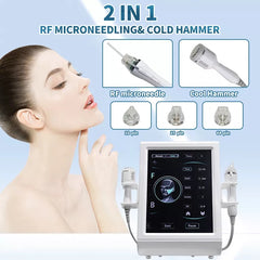 2 In 1 Skin Lifting Gold RF Ice Hammer Fractional rf Microneedling Face rf Microneedling With Cold Hsmmer /Gold Micro Needle Skin Rollar Acne Scar Stretch Mark Removal Treatment Be