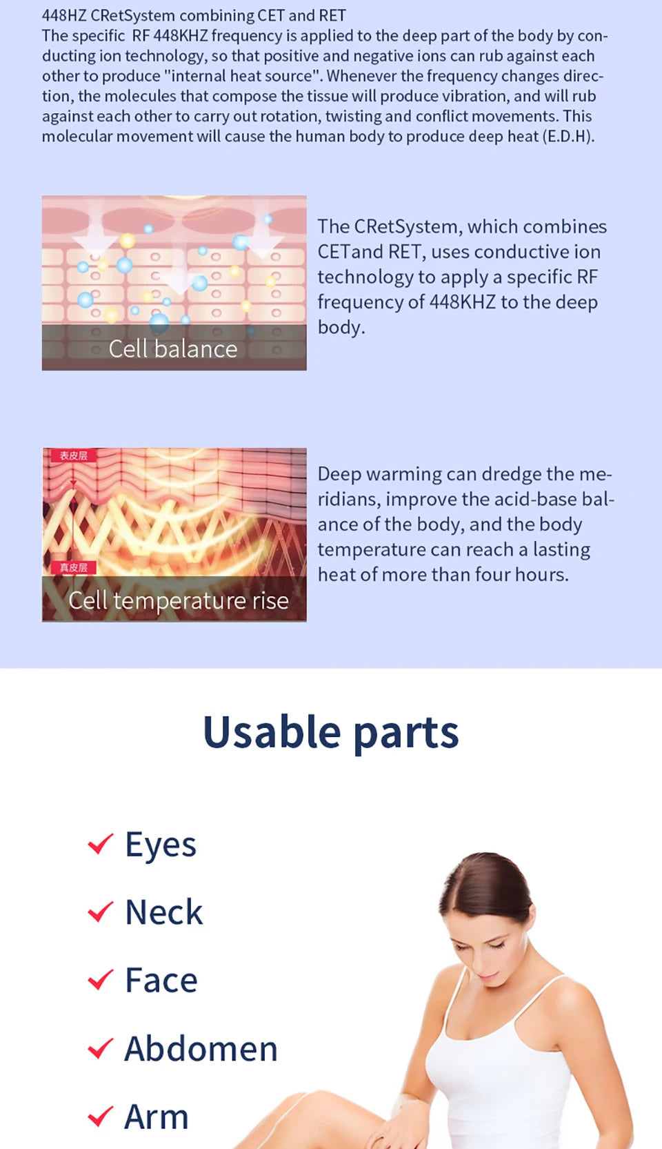 Portable INDIBA 448KHZ Spanish Technology CET RET Tecar High RF Physical Therapy Machine Pain Relief Skin Tightening Deep Care
