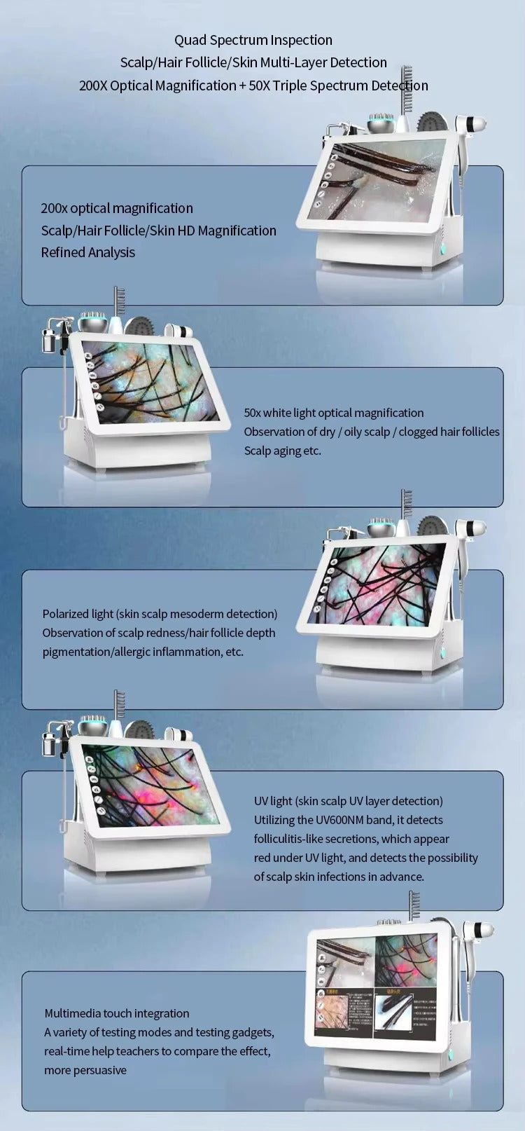 Hot Selling 5 in 1 Hair Scalp Analyzer with Red Light Therapy Nano Spray Growth Detection Touch Screen Anti-Loss Machine