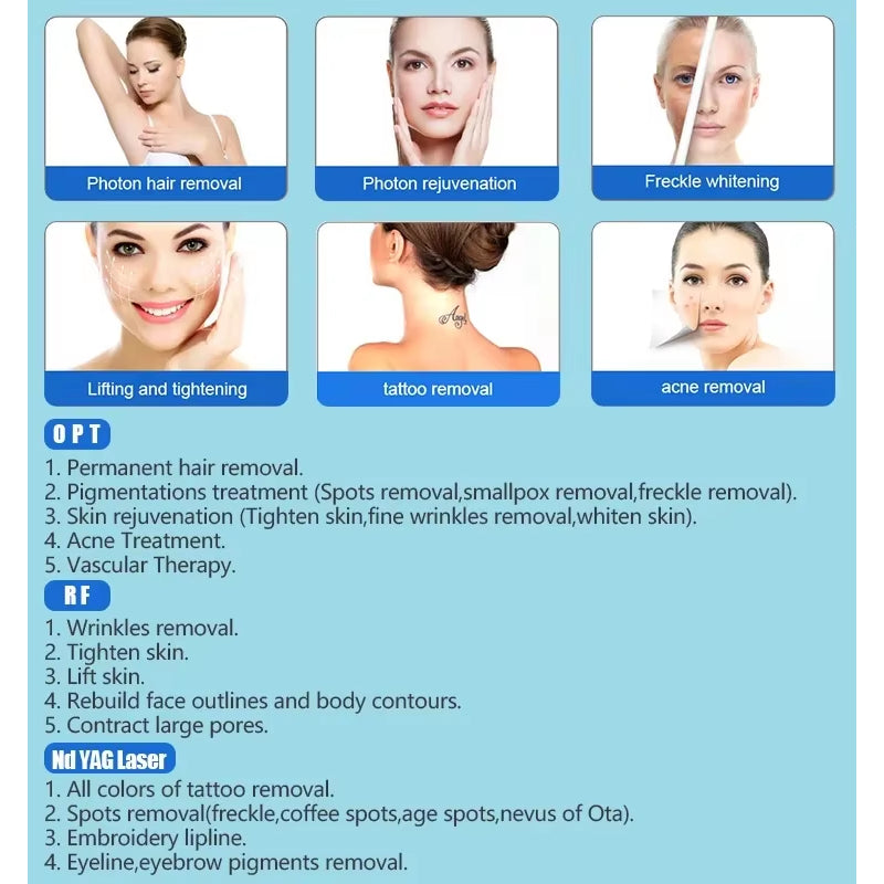 4 in 1 Opt + Ipl+ Rf+ Nd Yag Permanent Laser Tattoo Removal Skin Rejuvenation Beauty Equipment Electrolysis Hair Removal Machine